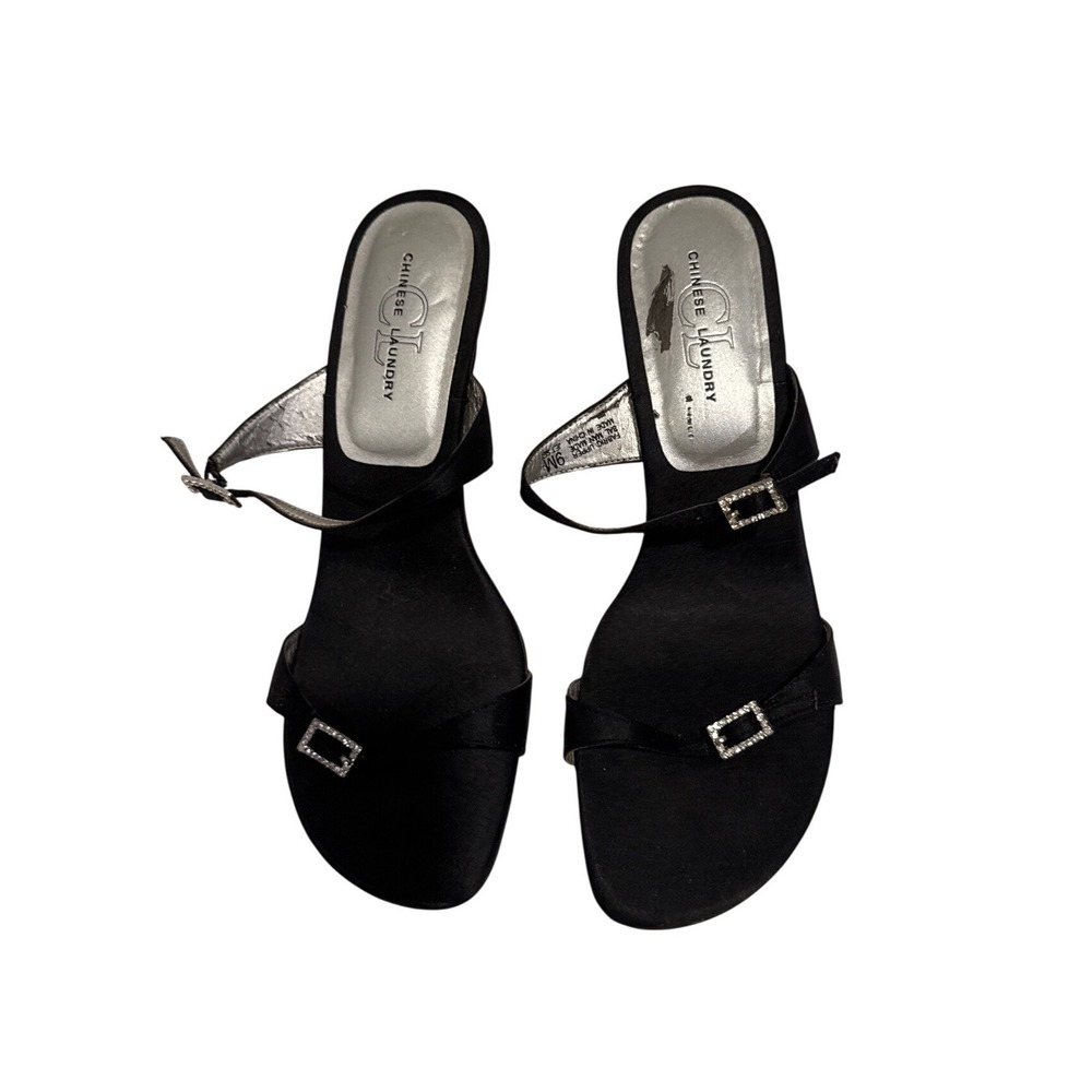 Chinese Laundry Jet‎ Set Black Fabric Rhinestone Buckle Kitten Heel Sandals 9M